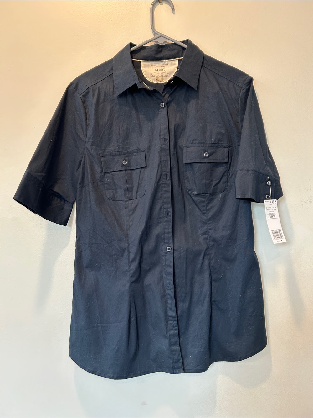 MNG Navy Short-Sleeve Button-Down Shirt with Chest Pockets